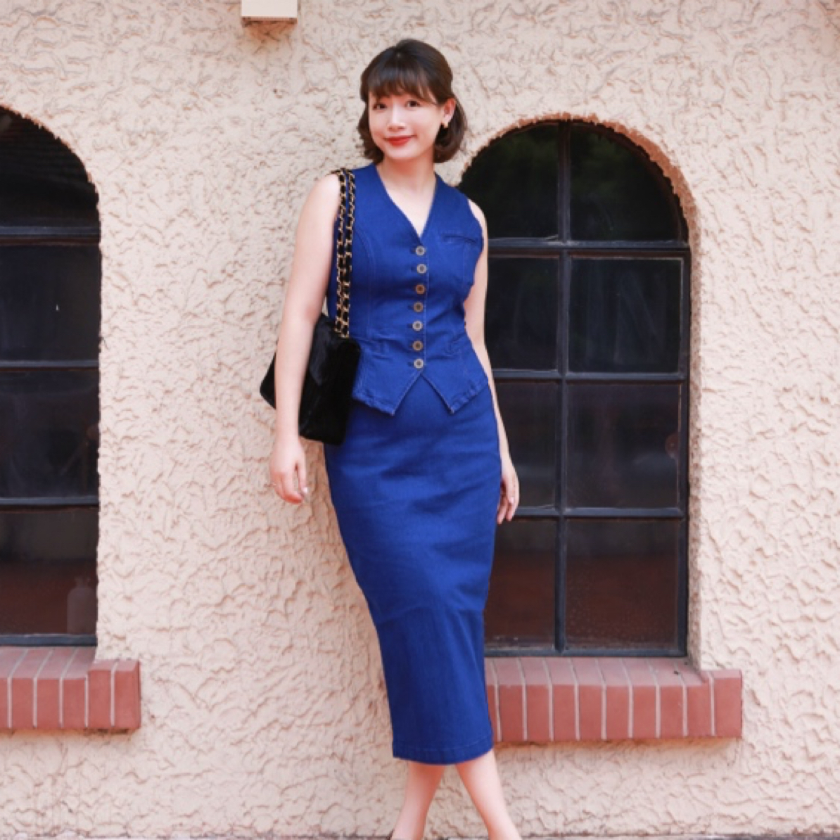 YIWEN CAO设计师原创牛土耳其进口牛仔蓝色马甲半裙显瘦修身女士