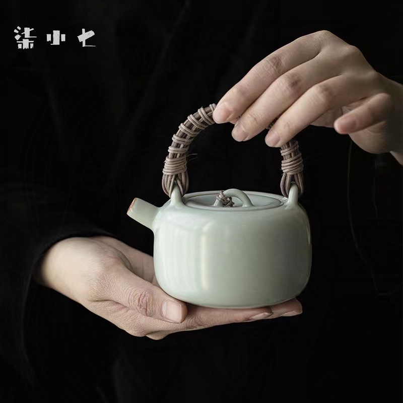 云隐造物汝窑藤编提梁壶茶壶功夫茶具家用开片泡茶壶带过滤球孔