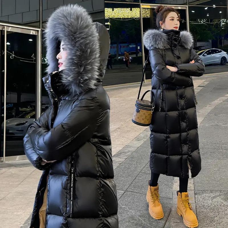 黑色显瘦羽绒服女士中长款2023冬装新韩版过膝连帽加厚保暖外套A