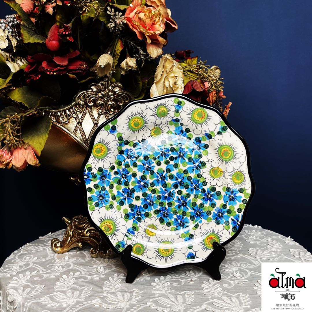 阿勒玛 新疆包邮【幽兰湖畔】手绘家用加厚防烫耐磨12寸荷口圆盘 