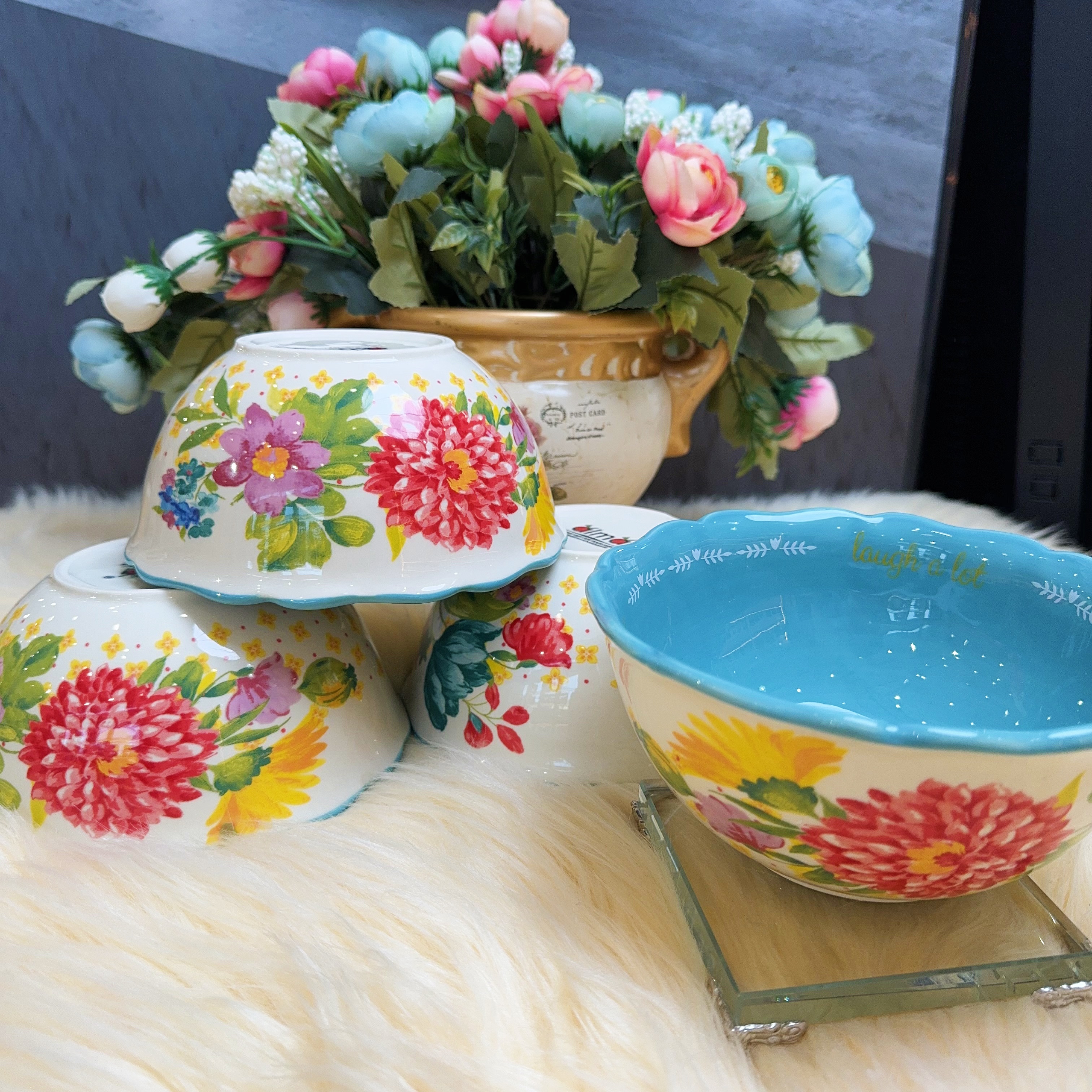 阿勒玛新疆包邮【百花齐放】4只装汤饭碗手绘5.5寸釉下彩加厚汤饭碗