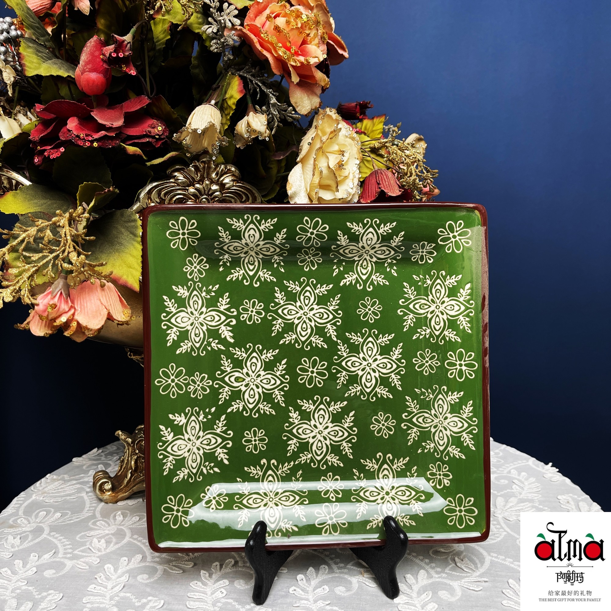 阿勒玛【常青藤绿】手绘11寸加厚方盘防烫简约耐磨轻奢盛汤菜餐盘