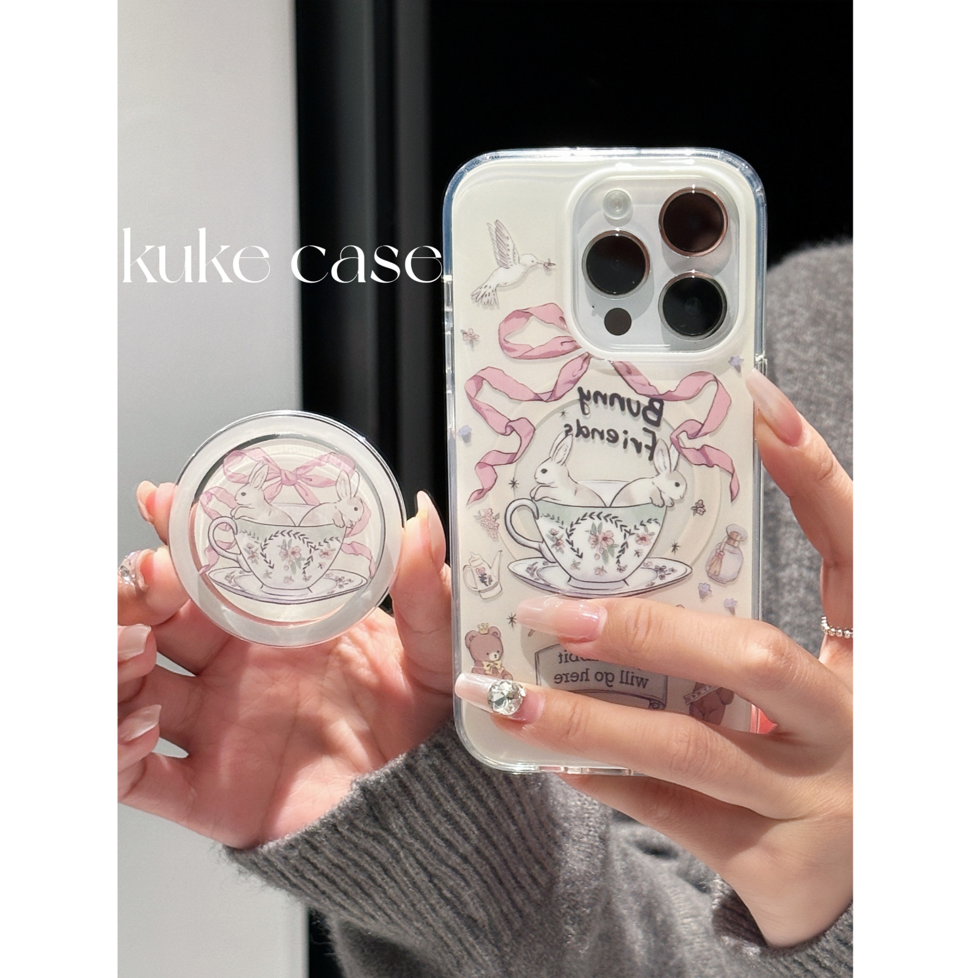 【苹果】ins少女丝带茶杯兔子双层磁吸手机壳iPhone15Pro/14/13