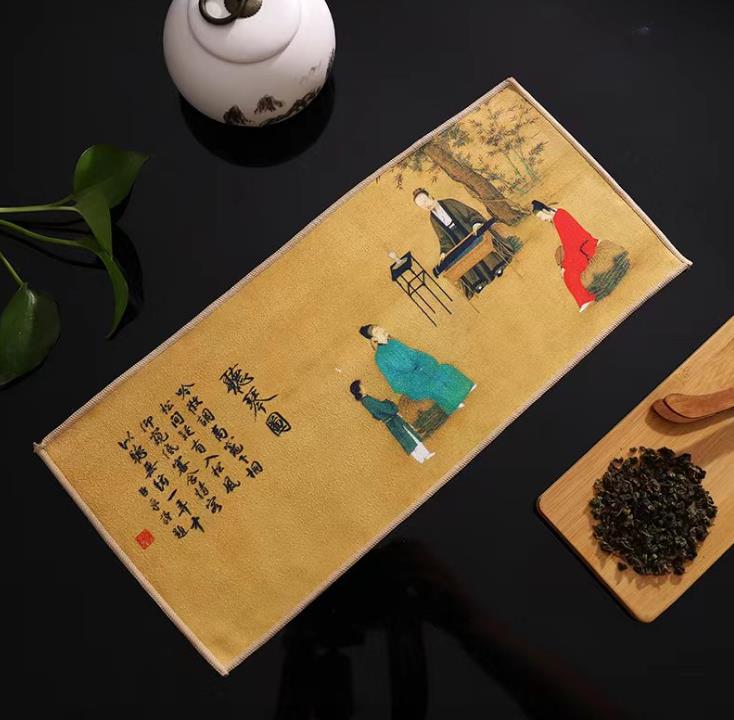 国画古风彩印茶巾茶布加厚吸水国潮禅意不掉毛鹿皮绒彩绘茶巾