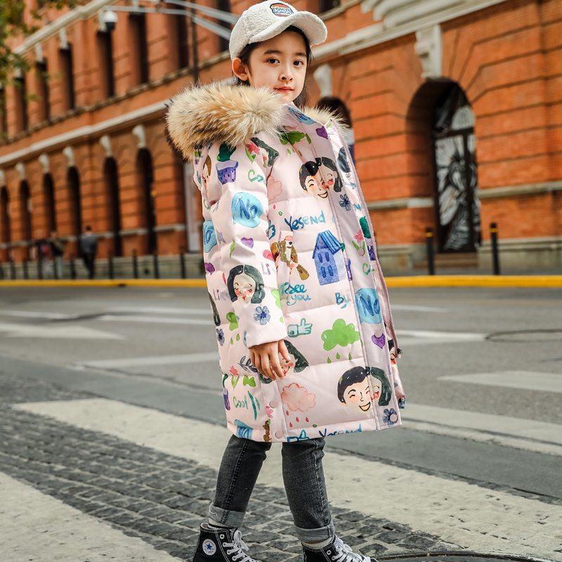 新款女童羽绒服中长款儿童中大童冬装加厚涂鸦小女孩外套韩版洋气