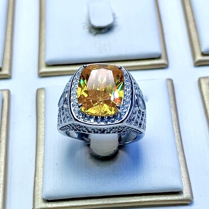 培育蓝宝石925银奢华霸气款黄宝石男士戒指