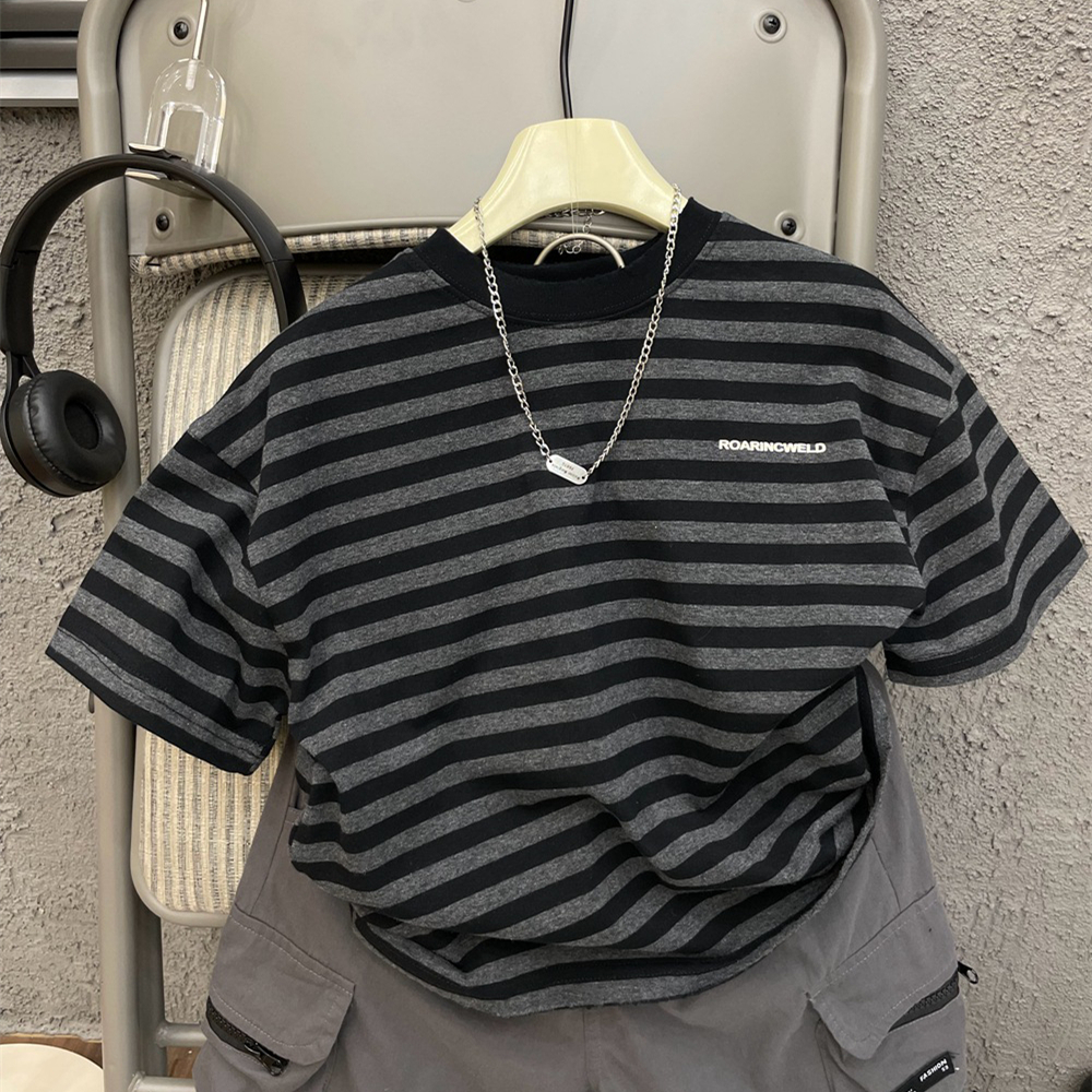 夏季新款宽松男童圆领条纹字母印花短袖休闲t恤韩系儿童百搭上衣