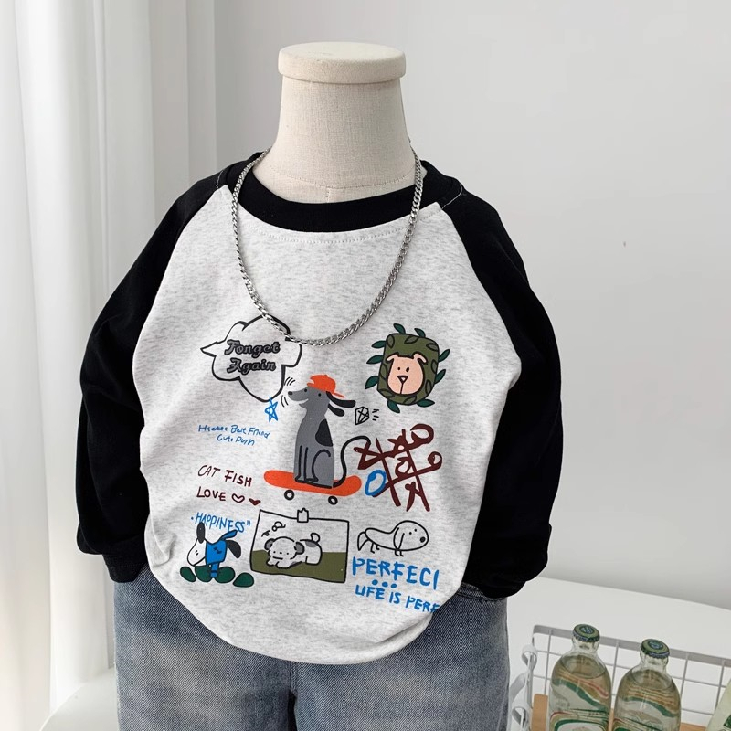 儿童纯棉长袖T恤春装新款插肩袖涂鸦打底衫男童洋气休闲百搭t上衣