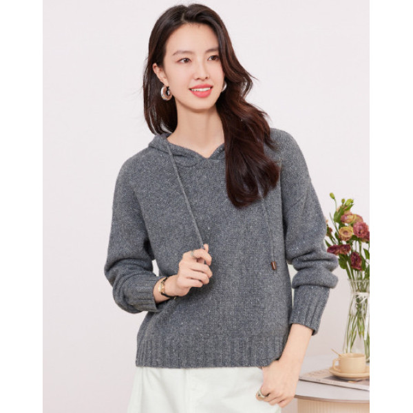 女式金豆金银丝工艺兜帽绵羊毛针织衫24088