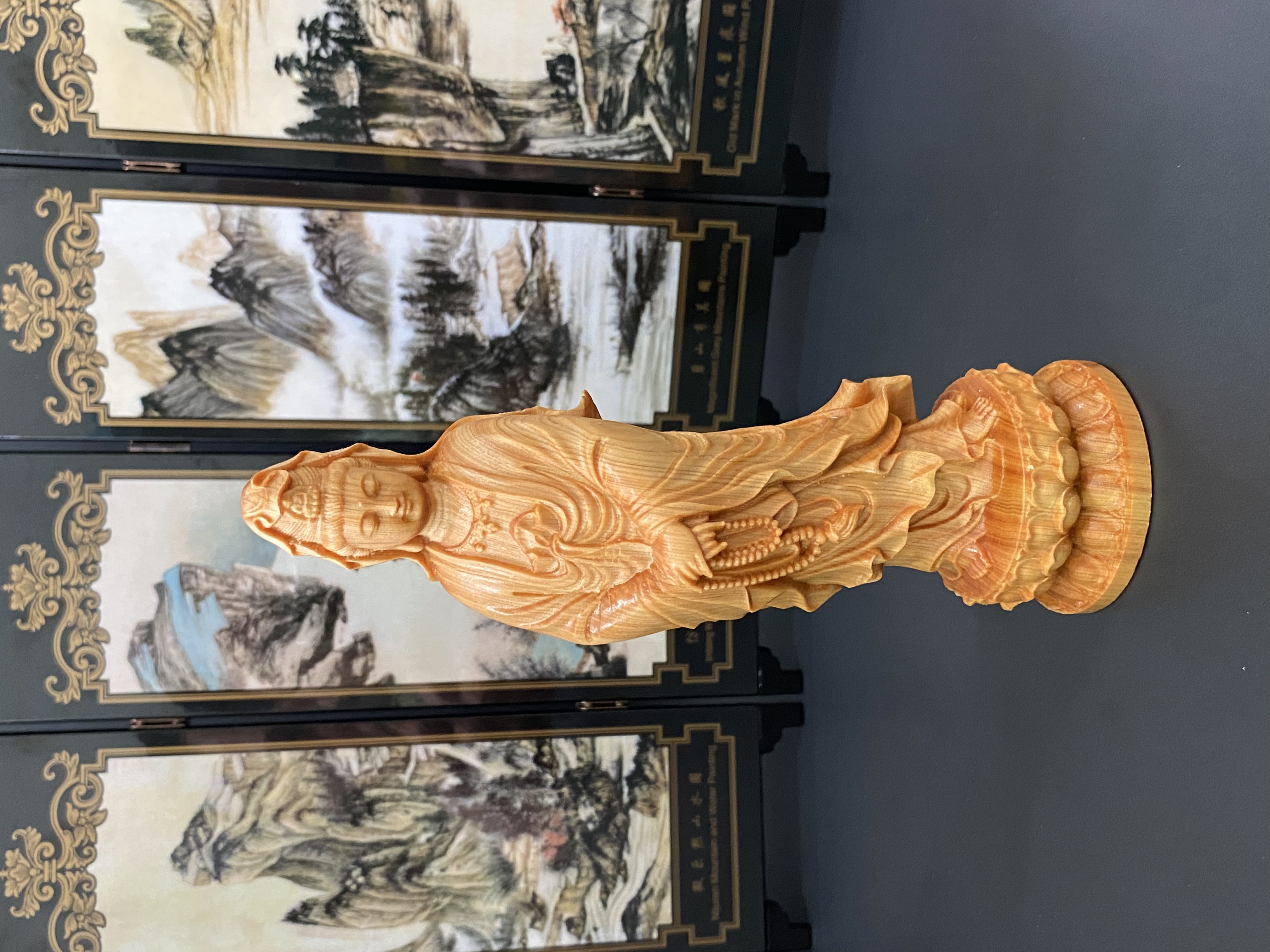 柏木念珠观音菩萨佛像摆件家居摆设工艺品实木雕刻高21厘米