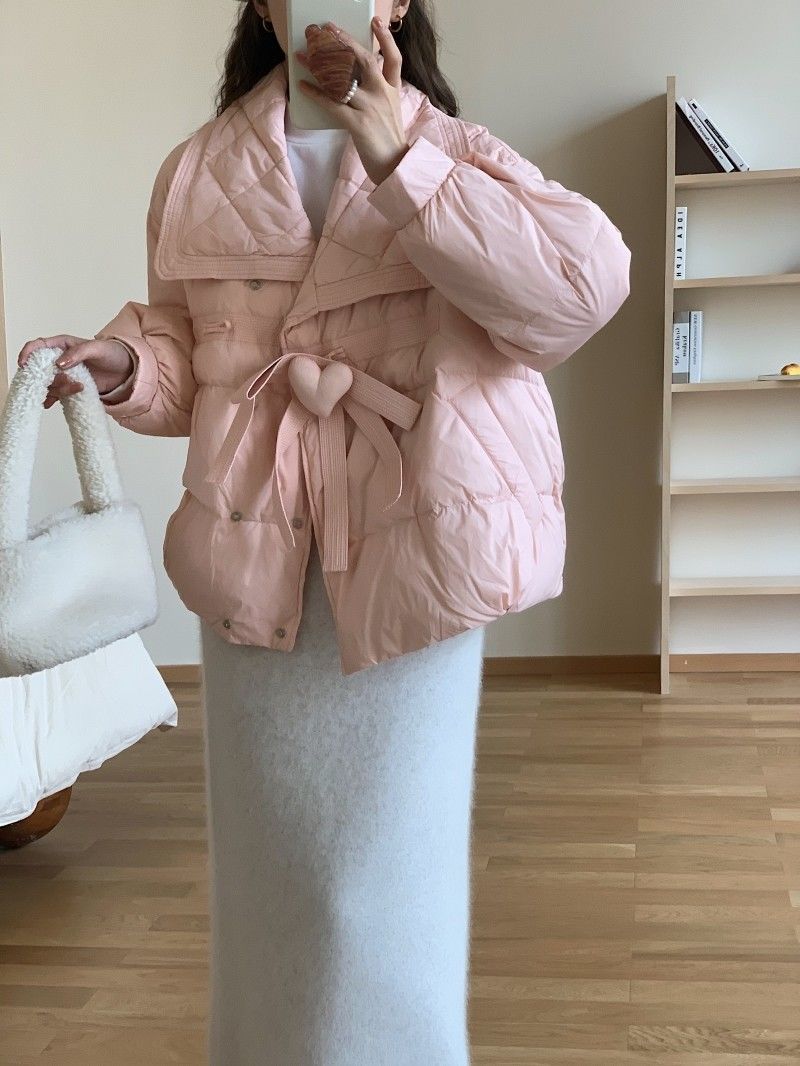 2023新款爱心娃娃领羽绒服女短款宽松小个子白鸭绒冬季加厚面包服