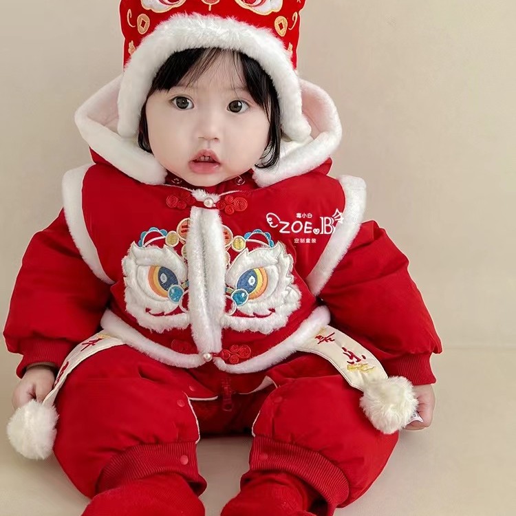 中国风婴儿连体衣冬季加厚夹棉喜庆新年装冬季过年服外出宝宝棉衣