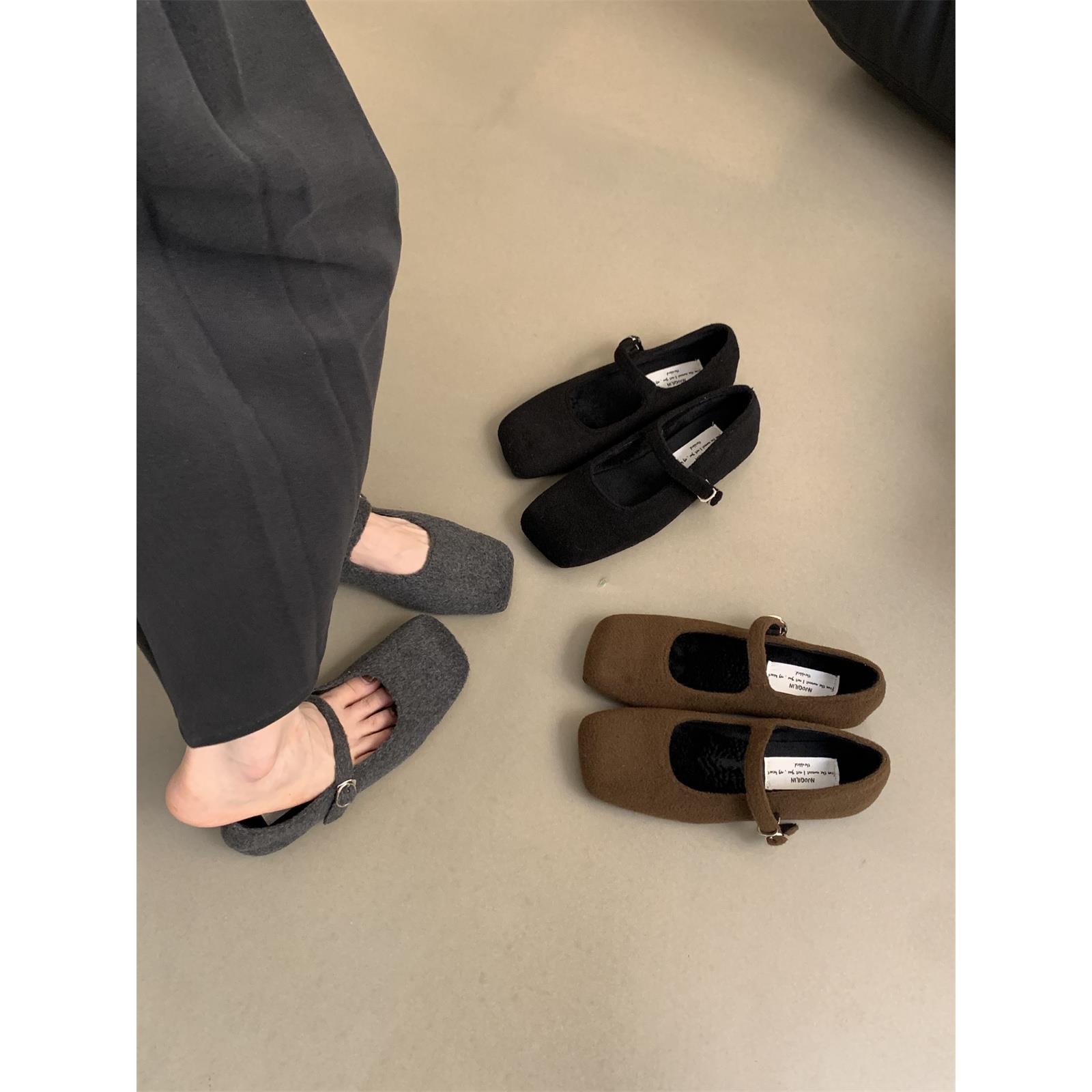 网红甜美韩版玛丽珍单鞋女鞋子2023年新款秋冬季羊毛呢方头气质毛