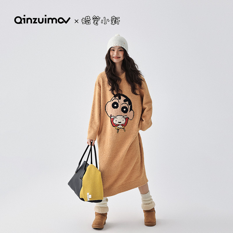 亲嘴猫【蜡笔小新联名】秋冬季半边绒睡袍女保暖睡衣家居服可外穿