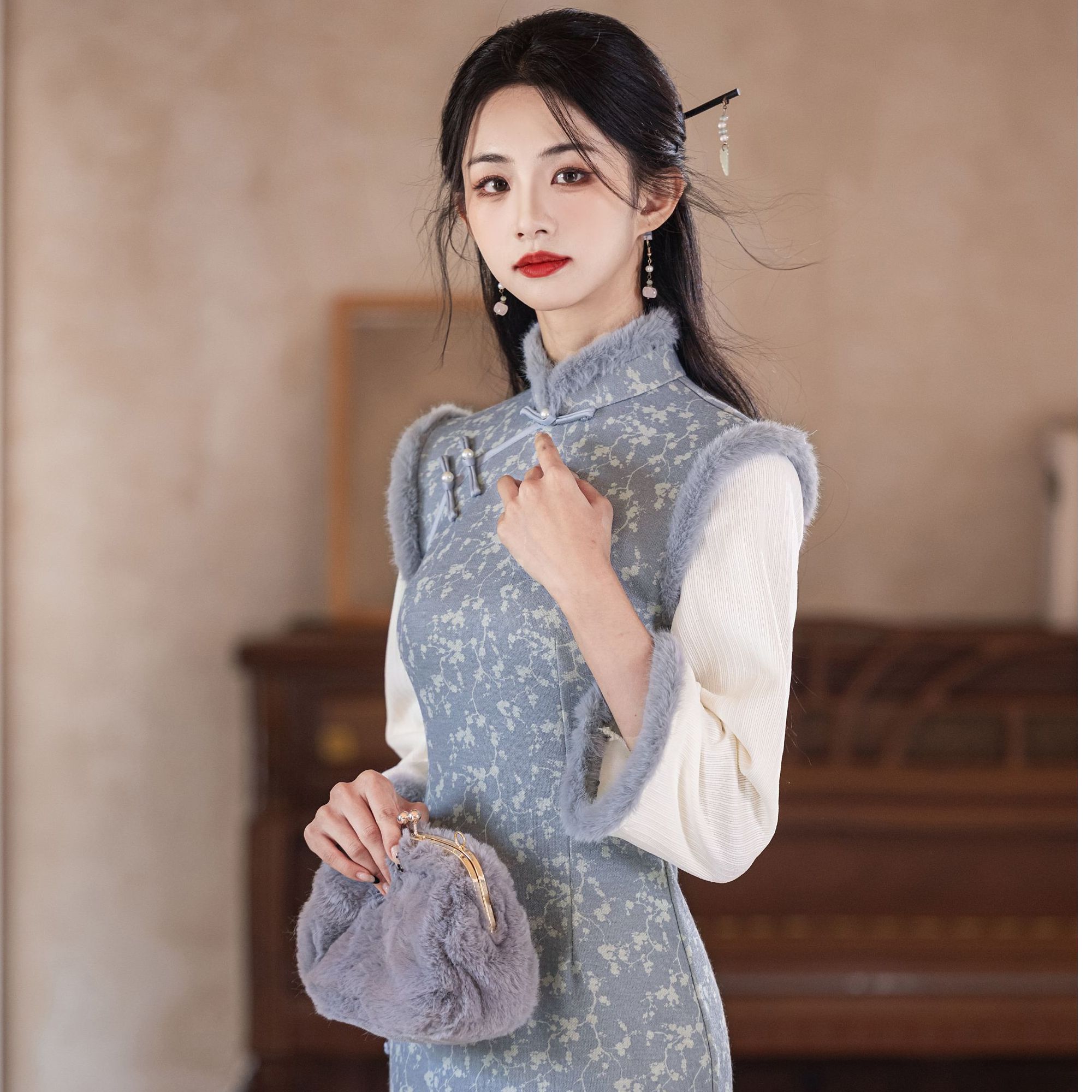 新中式气质加厚旗袍秋冬2024新款曼丽绒日常敬酒服长袖