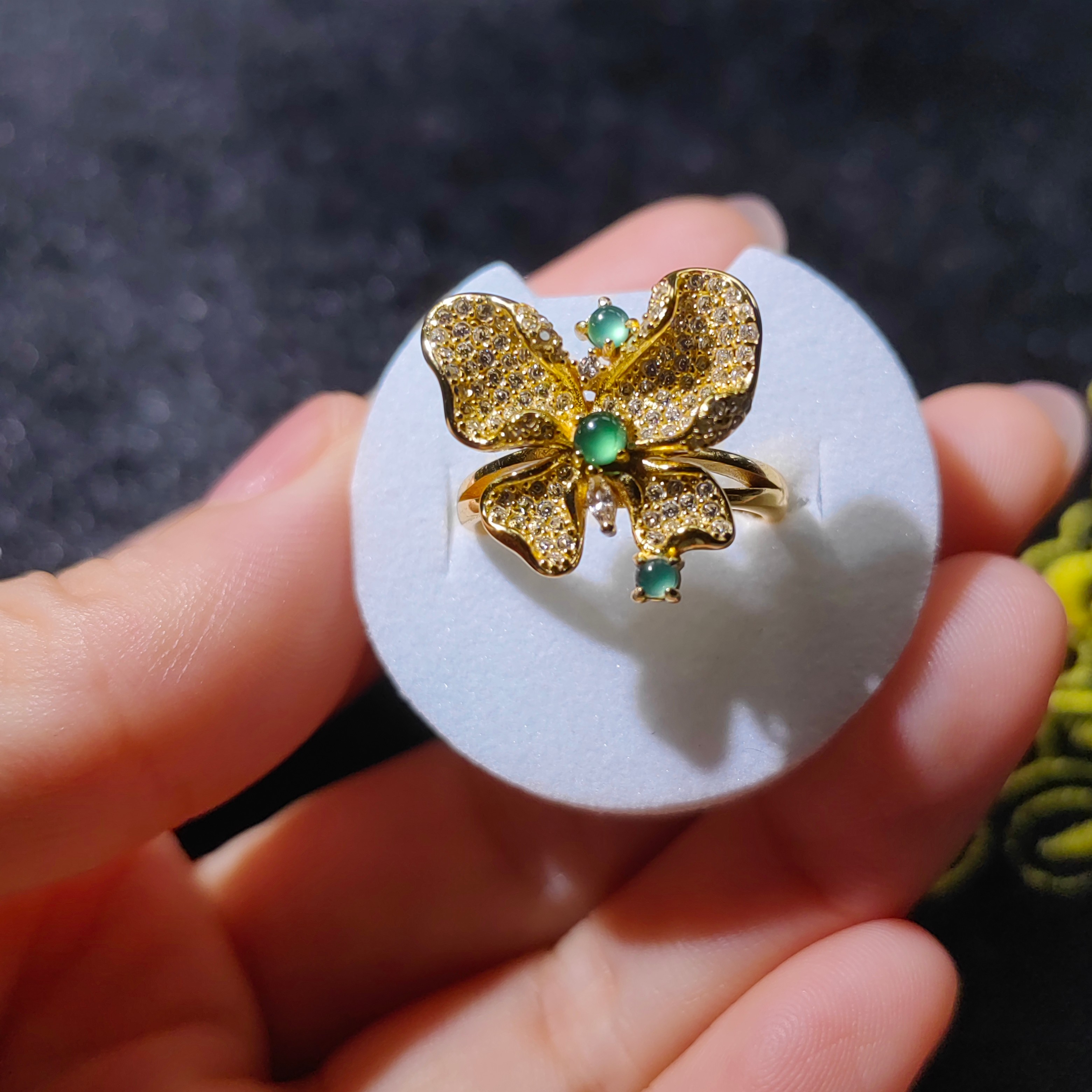 s925银戒，翡翠冰绿戒面，个性时尚奢华蝴蝶款式冰种戒指