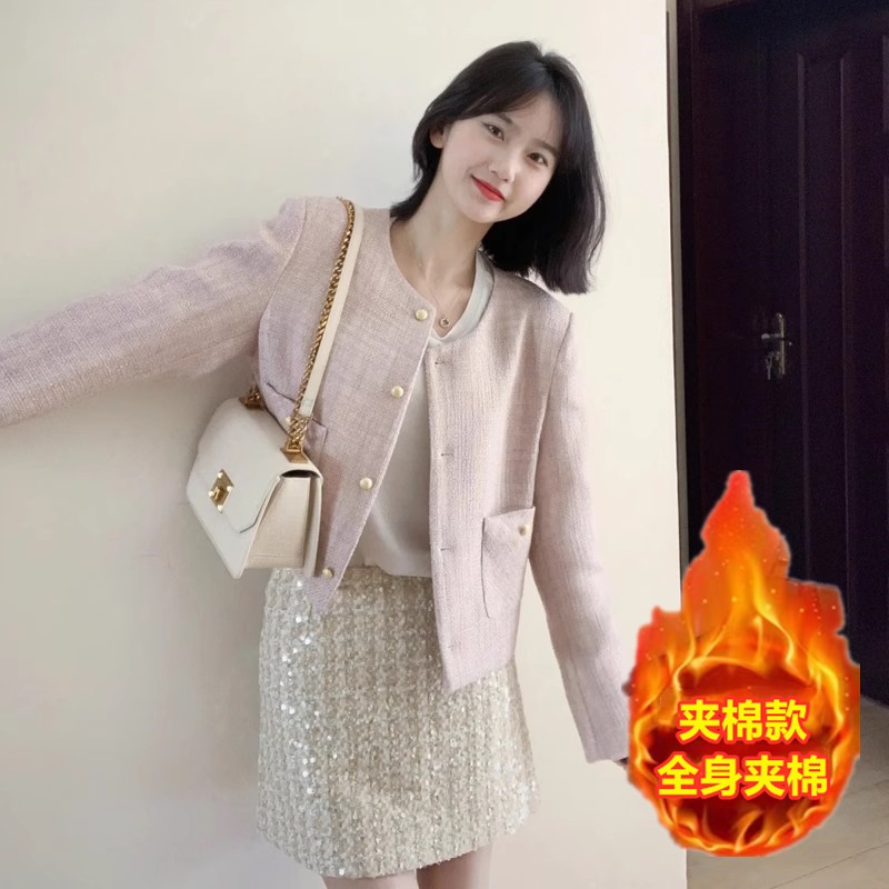 加棉小香风少女外套女款气质高级感春秋爆短款2025女士外套冬圆领