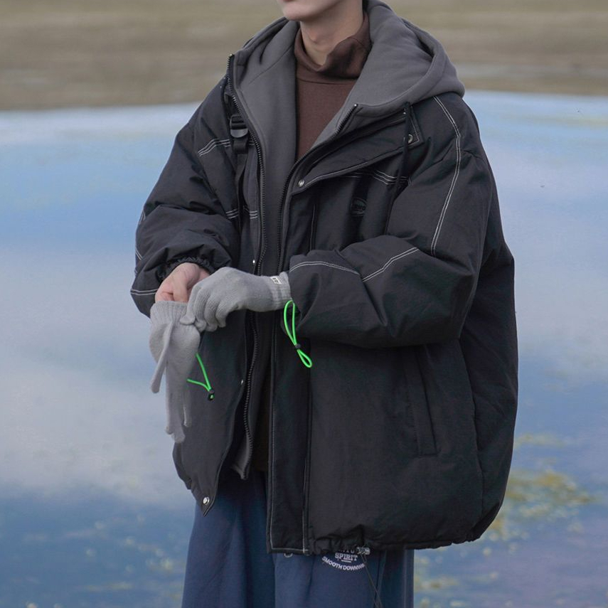 秋冬冬款男款假两件棉服男港风宽松百搭学生潮连帽棉袄外套男秋