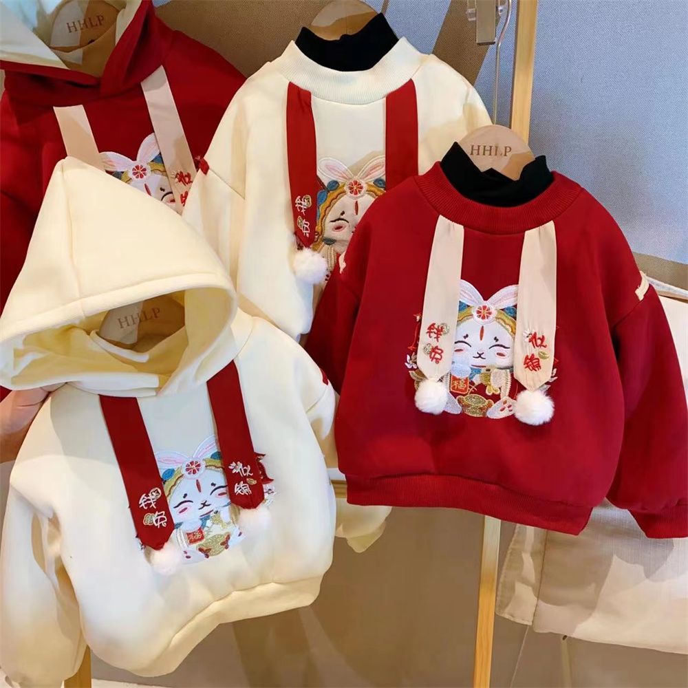 汉服女童冬款中国风宝宝兔子卫衣加绒加厚儿童连帽卫衣拜年服女孩