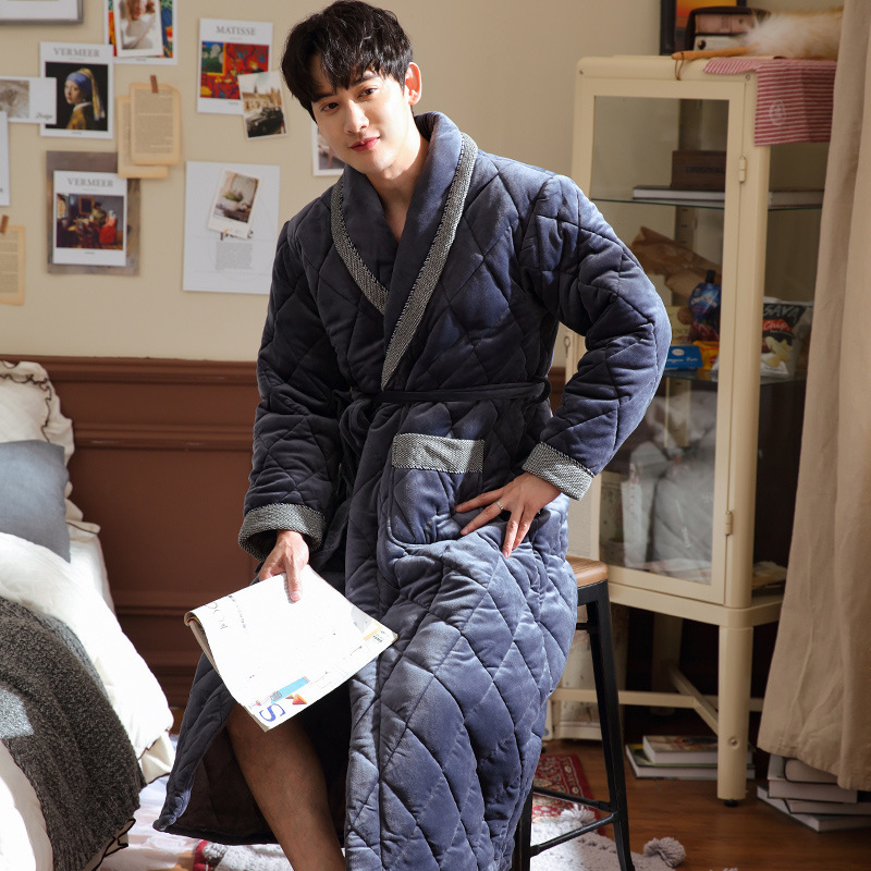 冬季男士三层夹棉加厚加绒睡袍长款珊瑚绒中年爸爸睡衣浴袍家居服