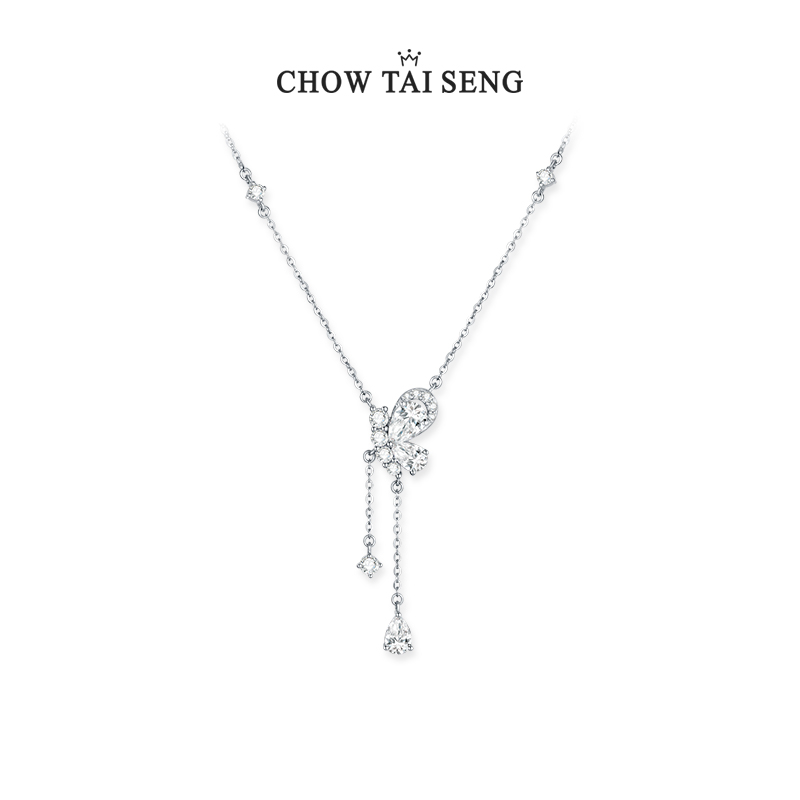 坠链均925银合成锆石 周大生花园蝶舞项链套链百搭轻奢首饰送女友