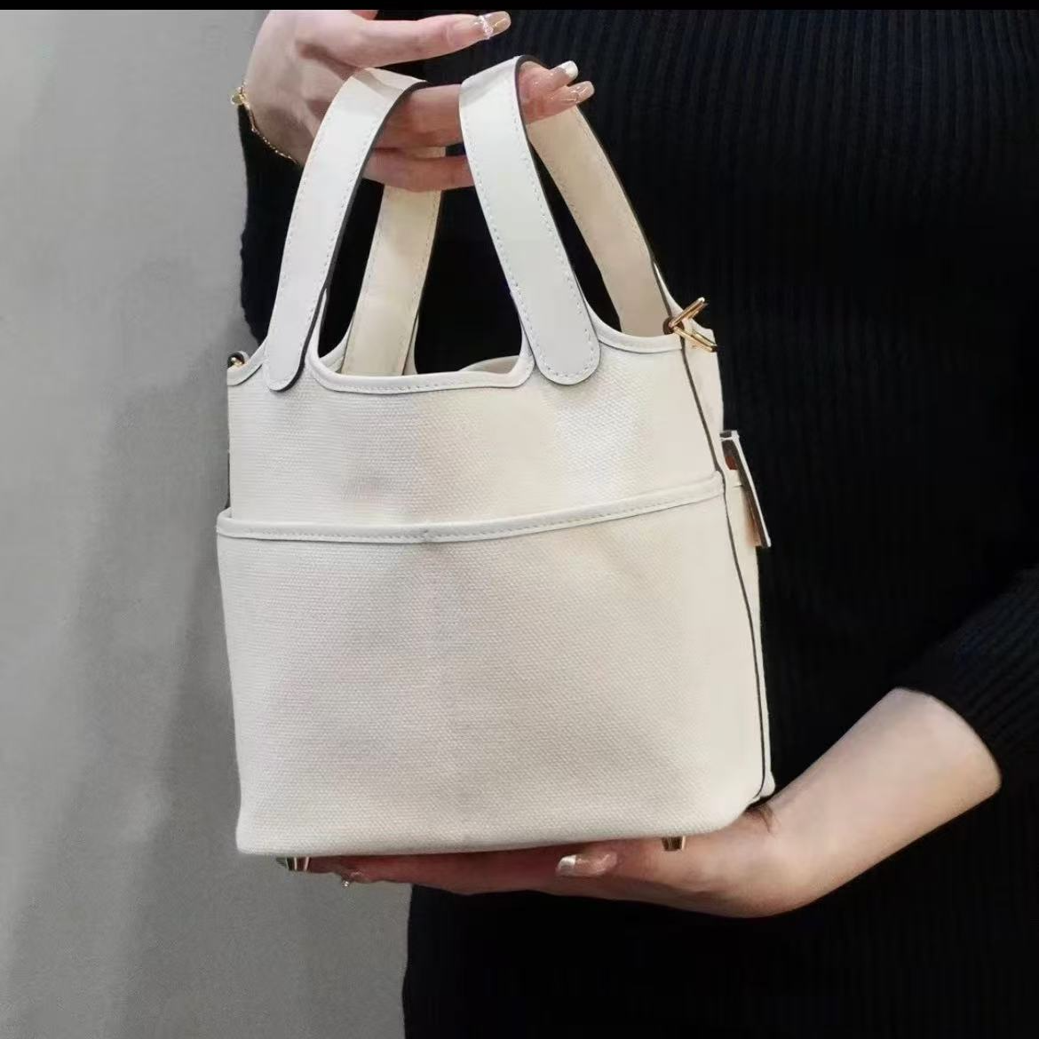 99新 Hermes/爱马仕 菜篮子18奶油白 金扣 拼白色帆布 U刻