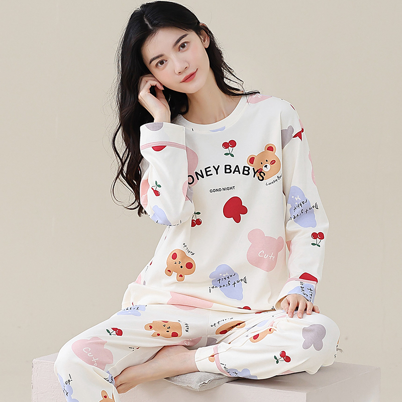 100%纯棉加厚秋冬季长袖睡衣女外穿百搭简约春秋季舒适家居服