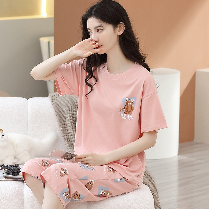 100%全棉短袖七分裤睡衣韩版女夏季可外穿时尚简约休闲纯棉舒适