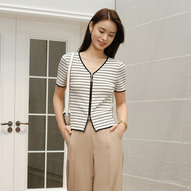 EP YAYING雅莹女装 条纹V领短袖拉链针织开衫 新品9135A