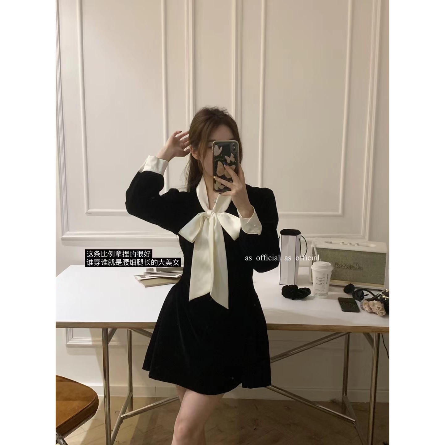 法式富家千金风高级感v领蝴蝶结丝绒连衣裙收腰显瘦a字裙秋冬新款