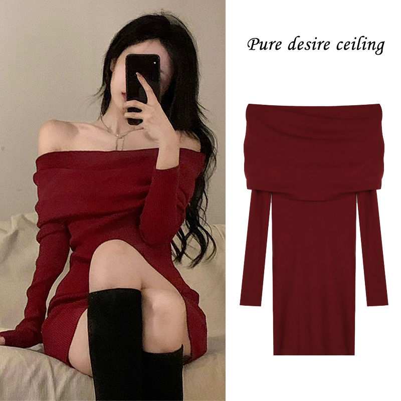 复古圣诞红甜美一字肩辣妹连衣裙女春装修身显瘦纯欲名媛包臀裙子