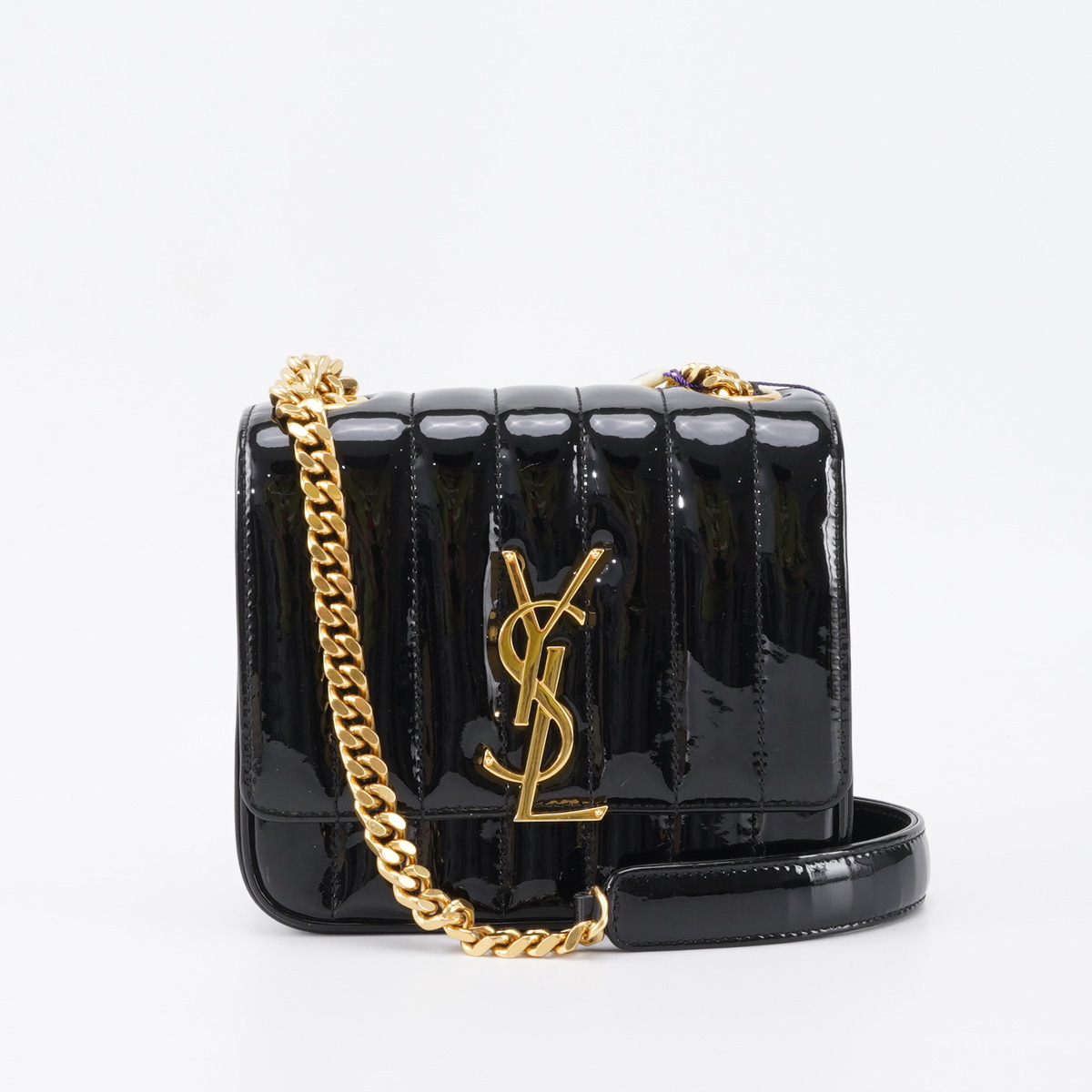 95新 YSL/圣罗兰 vicky 豆腐包 黑金 漆皮 链条包/BGD902680001