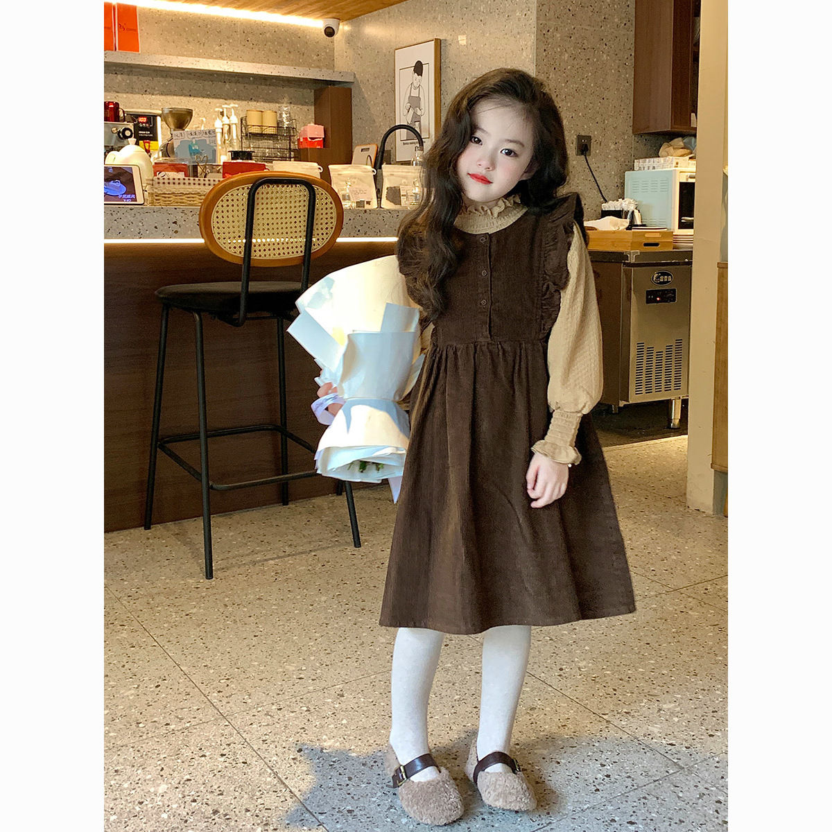 高档中大女童套装裙2023新款秋装时髦女孩灯芯绒连衣裙儿童背心裙