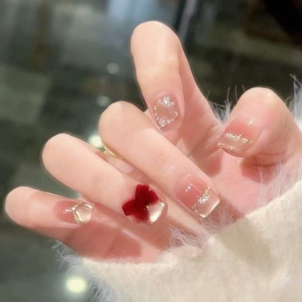 【嗲系千金】三仟手工穿戴甲 丝绒蝴蝶结千金气质款式 精致法式美甲