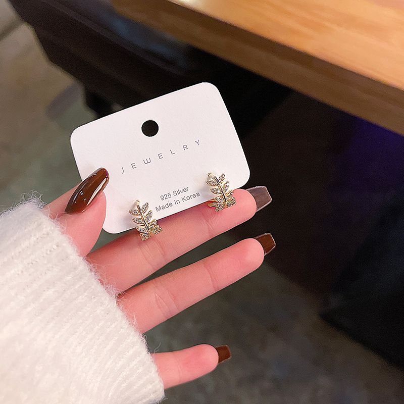 925银针铜镀微镶设计感树叶圆圈耳钉ins潮网红同款