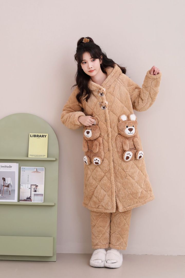 KLKL咖色卡通熊可爱时尚连帽保暖秋冬女款家居服套装可外穿套装
