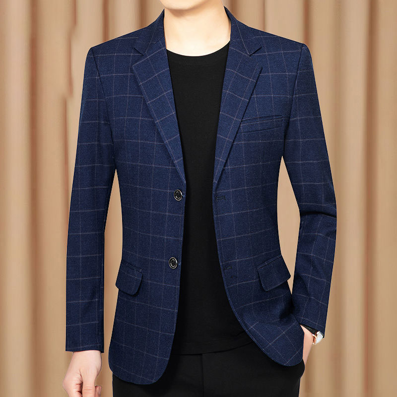 新品中青年男士格子休闲百搭商务修身西服上衣时尚