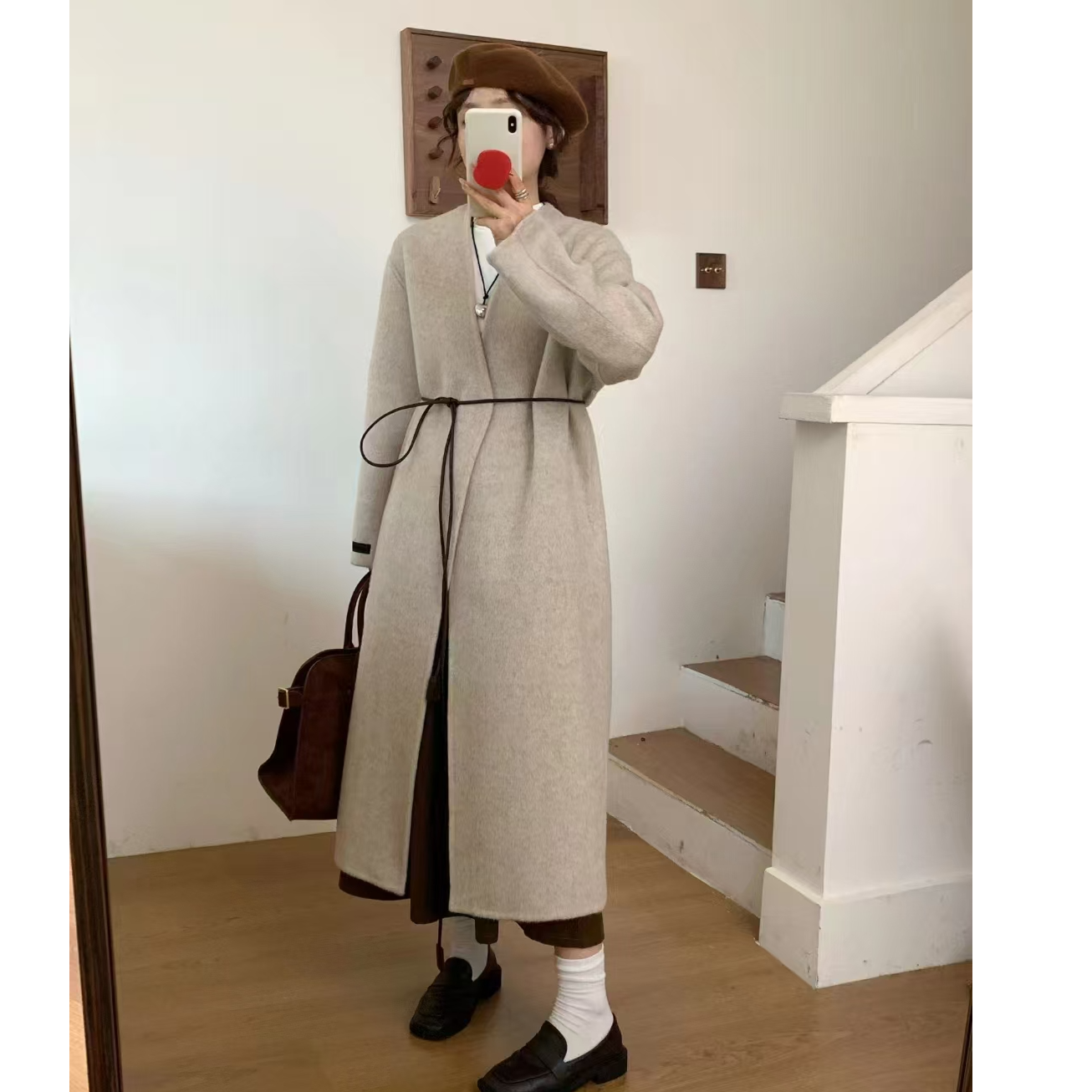 新2024秋冬新款高端V领浴袍皮腰带双面羊毛大衣长款毛呢外套女