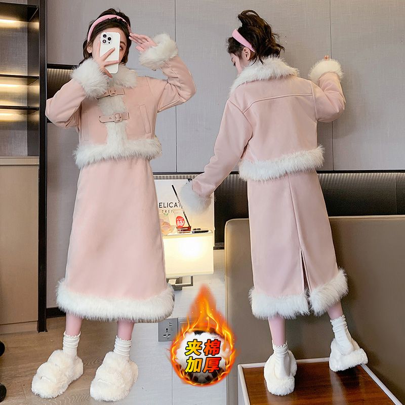 女童秋冬套装2023新款休闲小香风加绒两件套中大儿童网红毛毛长裙