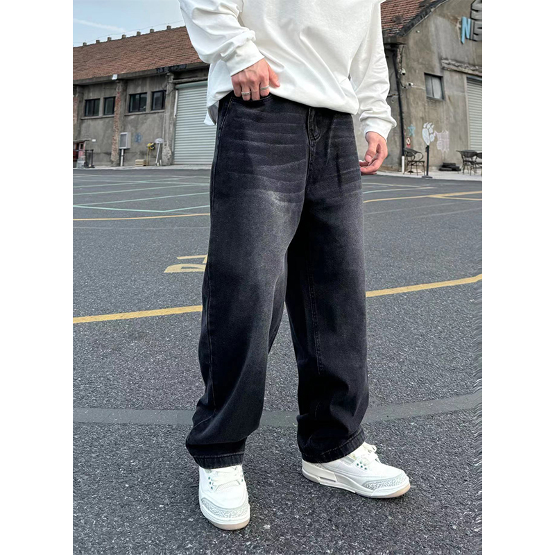 裤子冬季加绒加厚美式猫爪纹男士长款秋冬宽松牛仔裤休闲阔腿裤