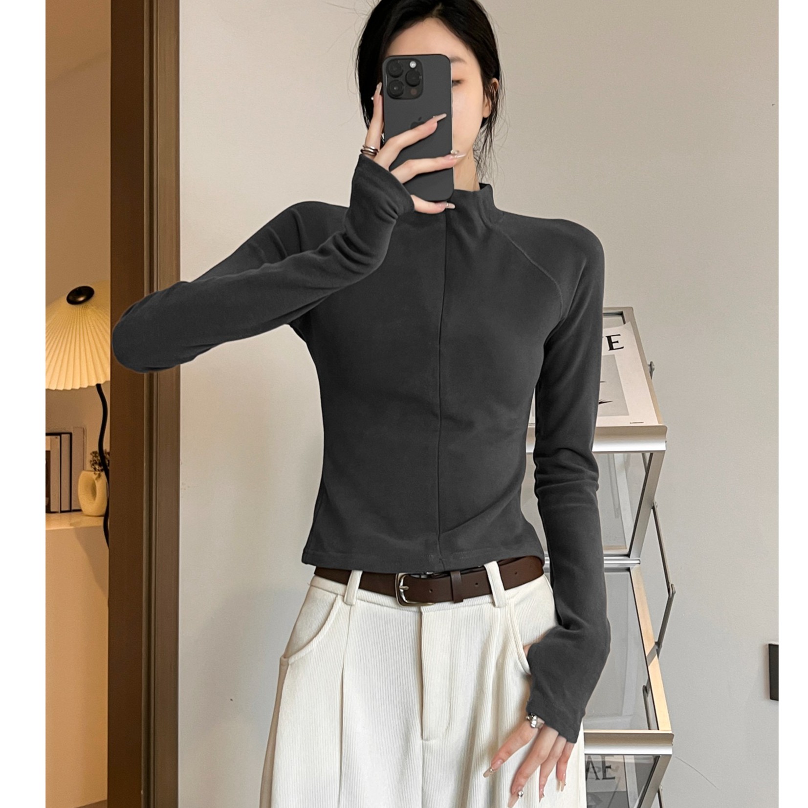 动感少女《保暖百搭》德绒长袖T恤女秋冬季修身拉链加绒打底衫上衣
