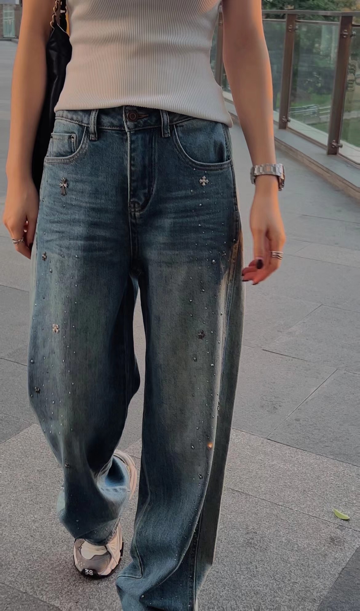 2024 四季新款满天星十字烫钻复古简约风女款牛仔裤K5001【李老板】
