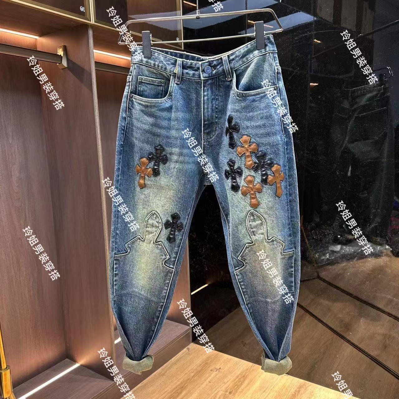 5813潮牌复古个性拼皮牛仔裤男士春秋季修身小脚裤休闲拼接长裤
