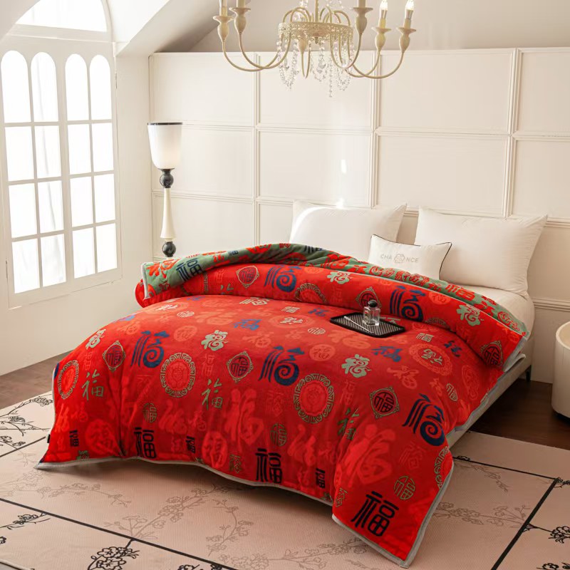 大红百福被2.0x2.3m冬季石墨烯被子被芯机洗加绒加厚保暖牛奶绒被