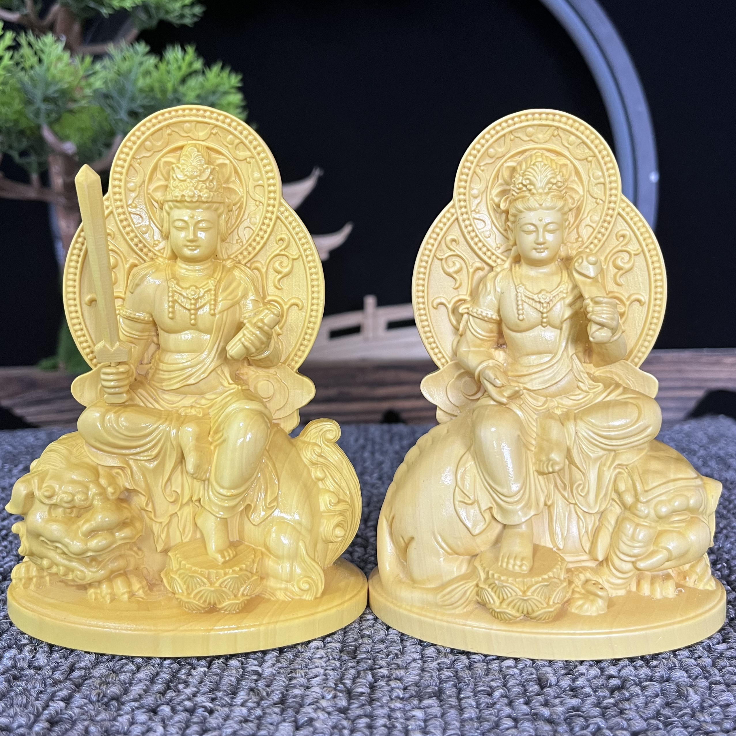 黄杨木文殊普贤木雕工艺品高度10公分