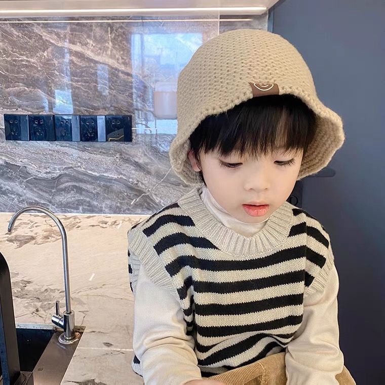 ins儿童帽子韩系笑脸贴标针织渔夫帽男女童个性秋冬保暖水桶盆帽