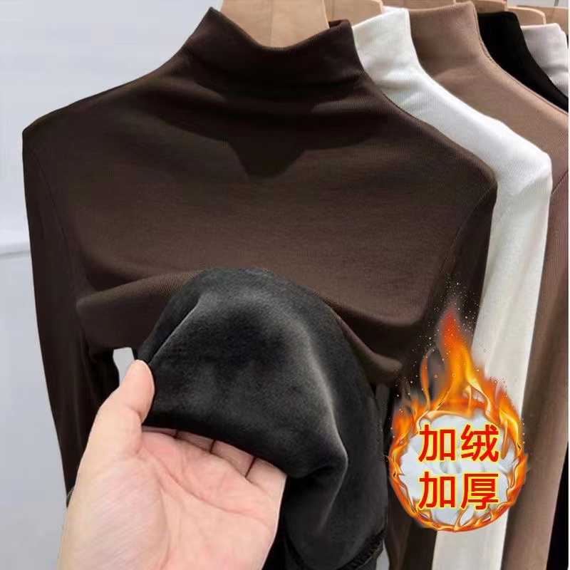 啄木鸟加绒半高领修身打底衫女长袖秋冬百搭洋气新款保暖内搭上衣