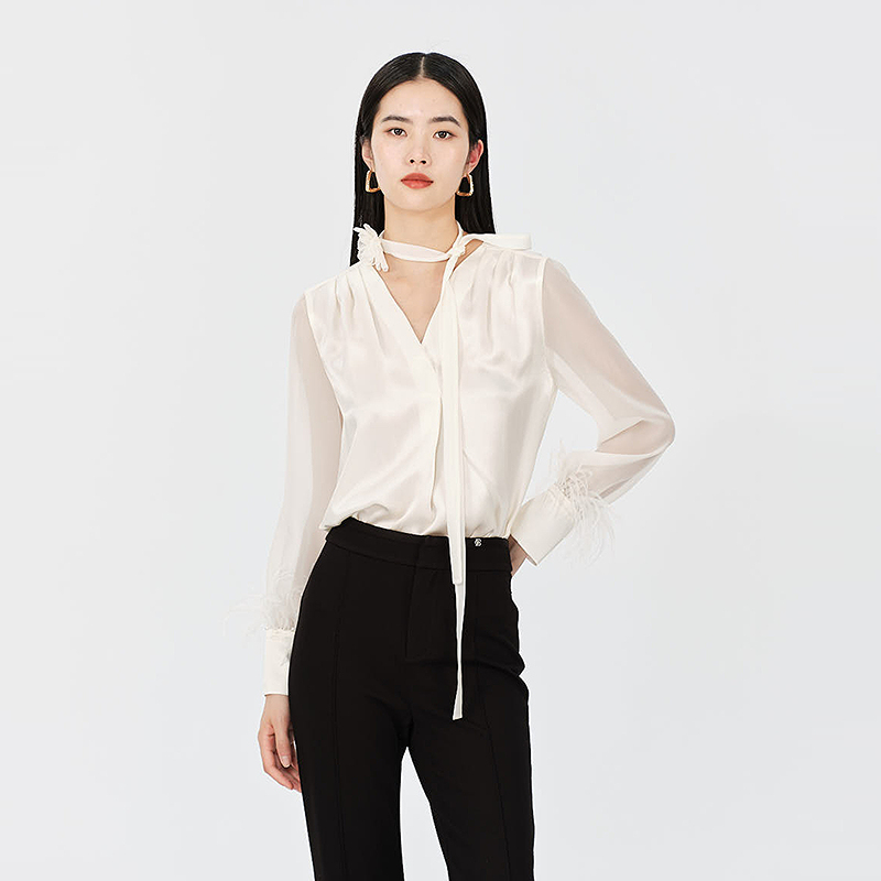 芭蒂娜真丝v领雪纺衫秋通勤内搭衬衫上衣133M070