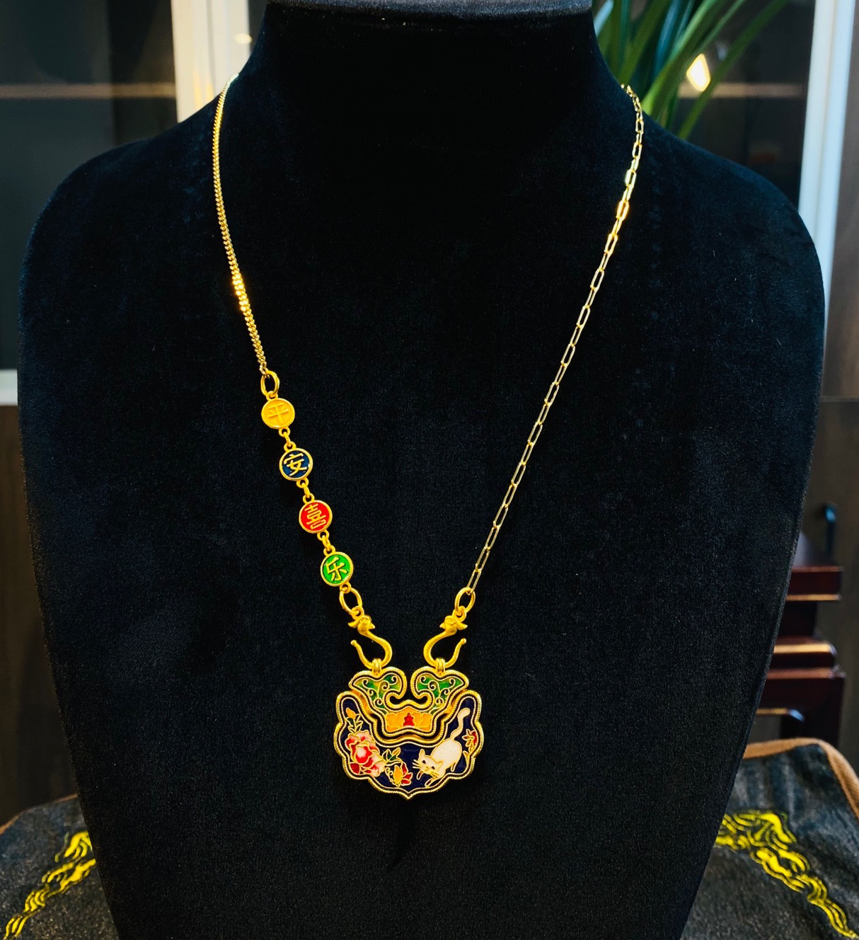 铜合金项链 铜镀金锦鲤如意猫咪牌百搭项链毛衣链烧蓝珐琅彩