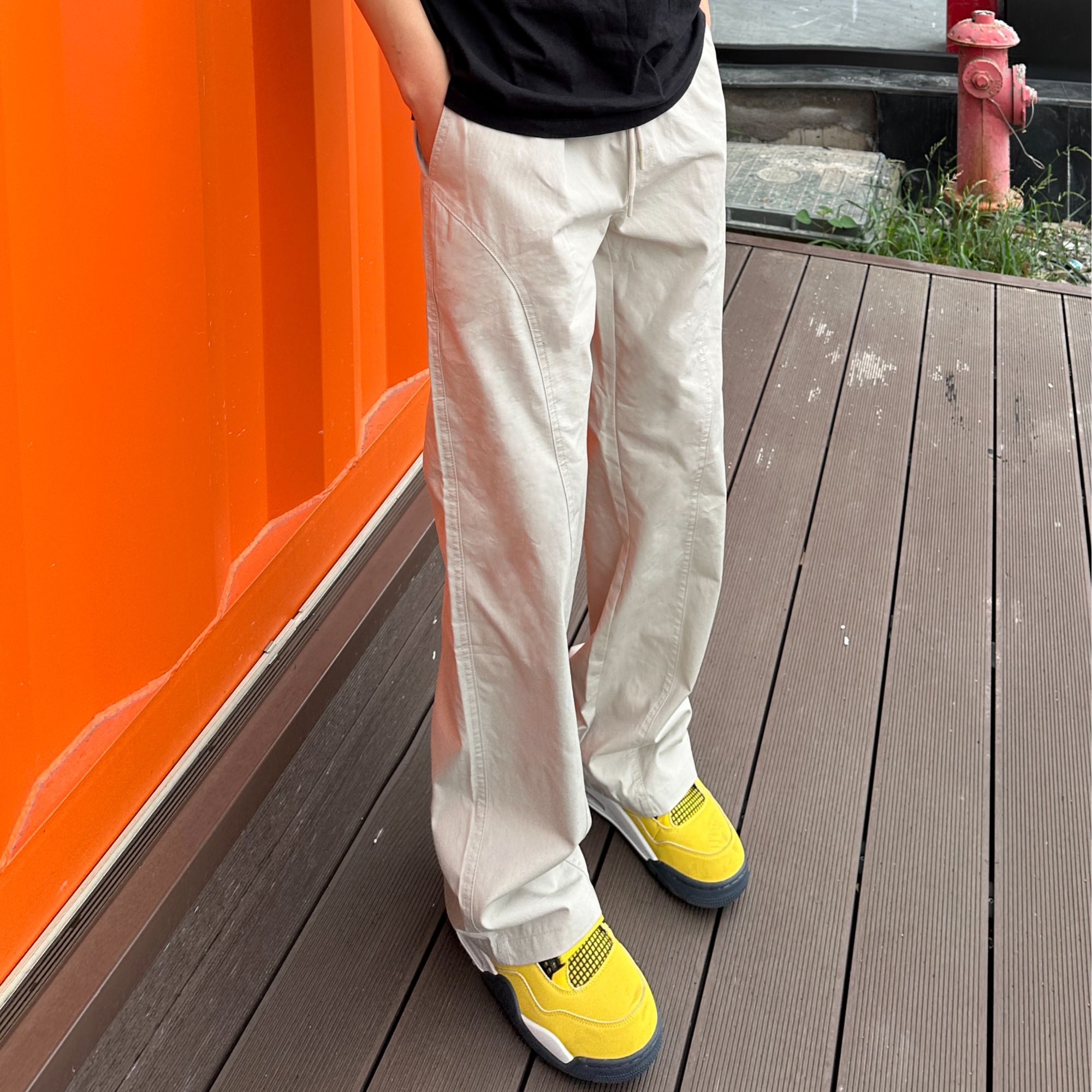 美式基础斜切百搭休闲裤男秋冬显瘦显高潮流宽松直筒工装微喇长裤